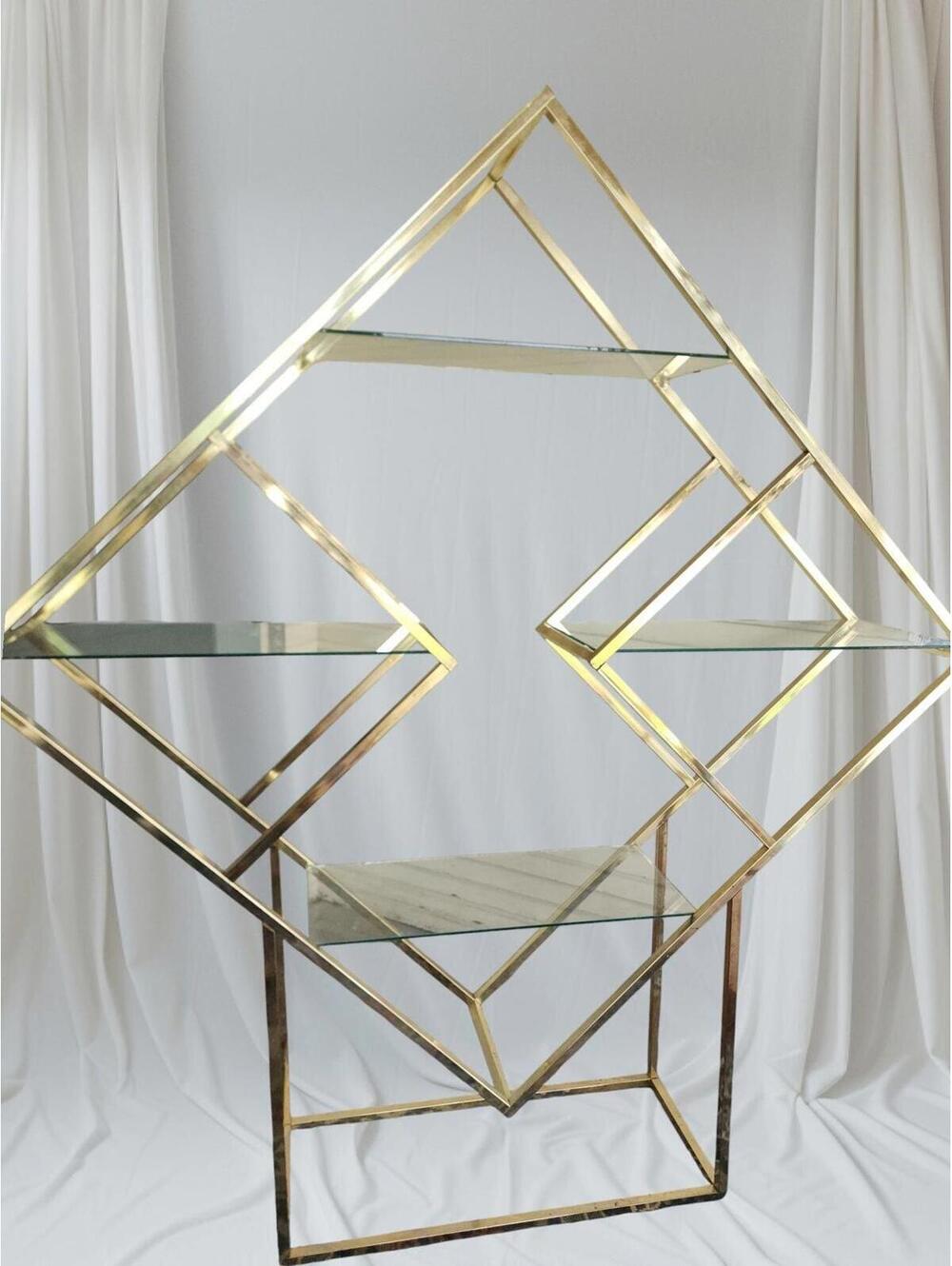 Vintage Midcentury Milo Baughman Style Brass and Glass Diamond Etagere Unit